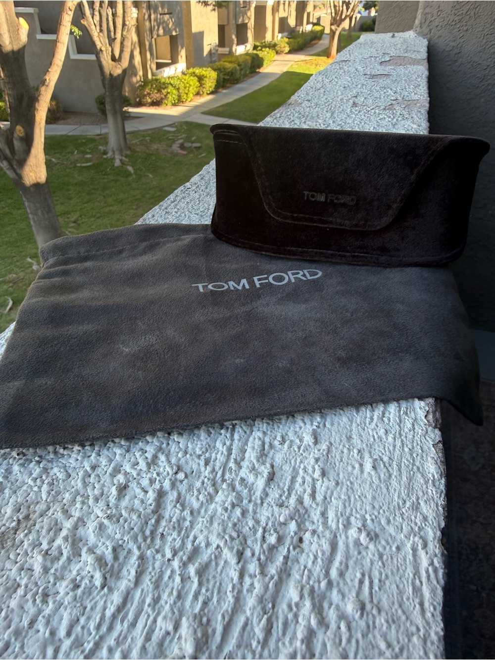 Tom Ford gray Suede faux Dust Bag with large black sunglasses case